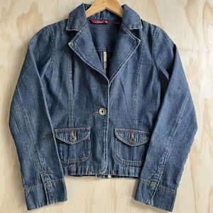 Y2K SO Blazer Jacket Womens Medium Herringbone Denim Button Front Cropped